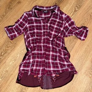 Embroidered Maroon Plaid and Velvet Top